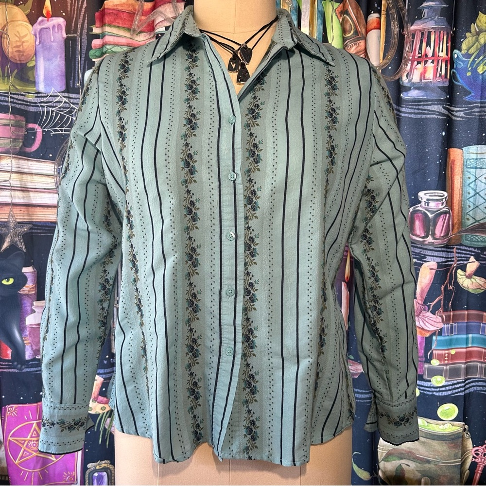 VINTAGE White Stag Blue Floral & Striped Polo Button Up Blouse
